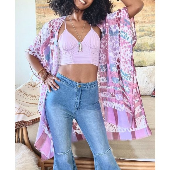 Colorful Splatter Boho Kimono Magenta/Lilac/Turquoise One Size Layering Wrap - Picture 1 of 3